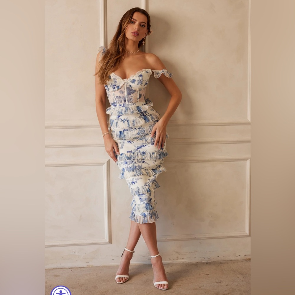 V. Chapman Blue and White Floral Ruffle Midi Dress